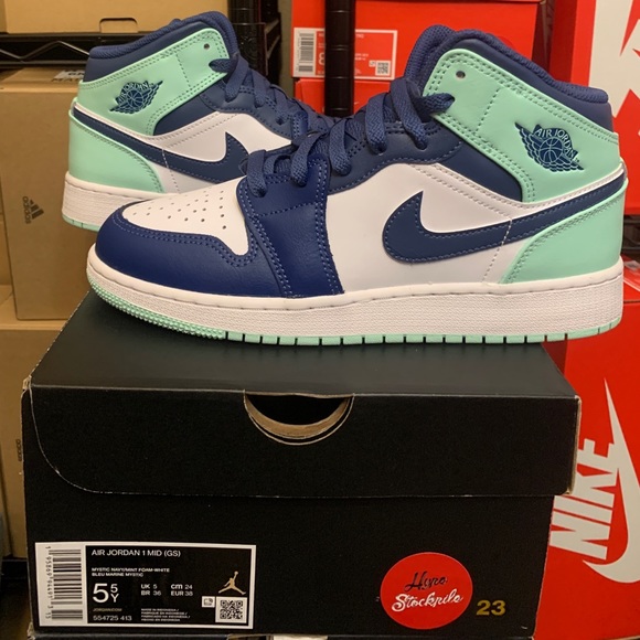 Jordan Other - Nike Air Jordan 1 Mid Mystic Navy Blue Mint Foam Shoes 554724-413 554725-413
